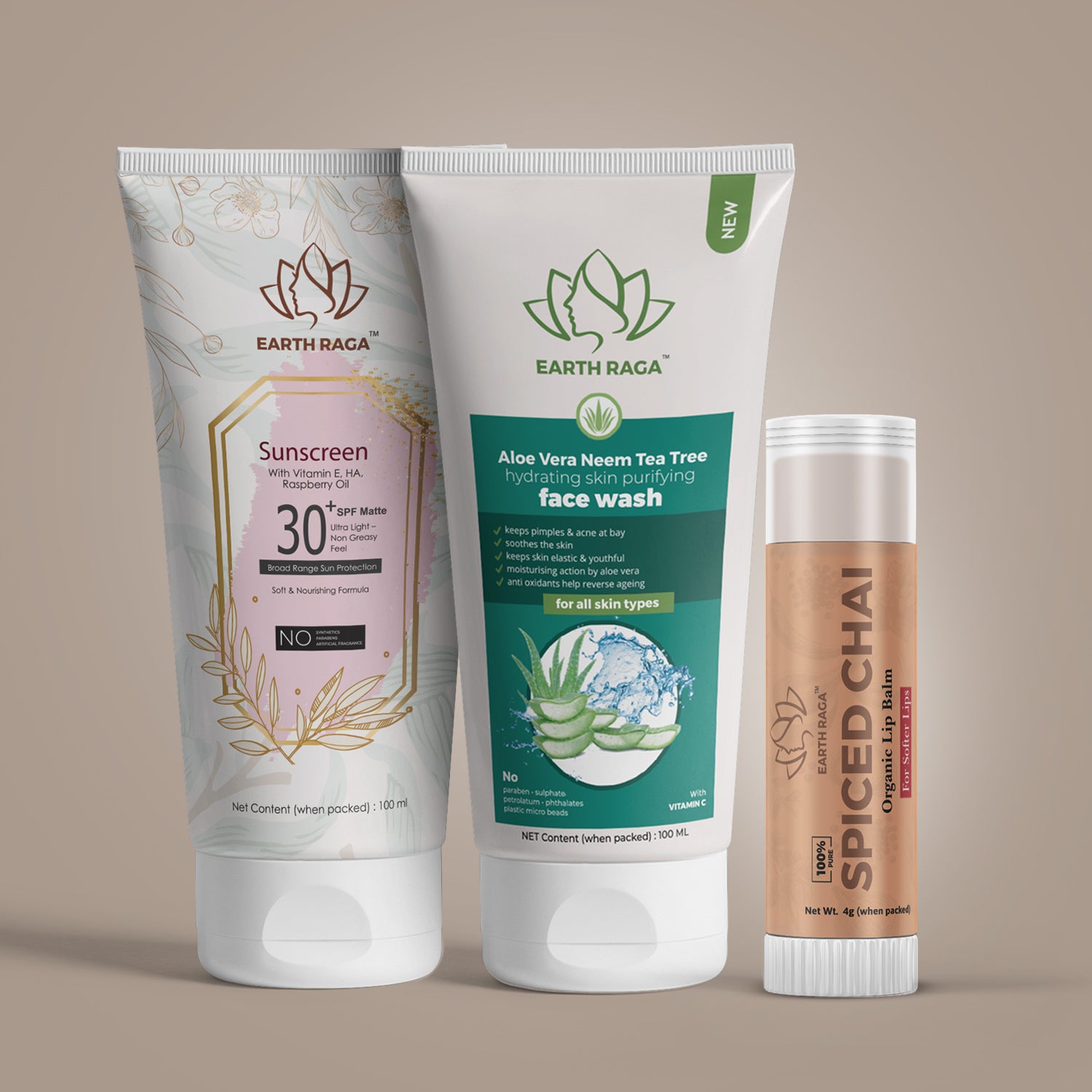Vitamin E, Hyaluronic Acid (HA) & Raspberry Oil Sunscreen, Aloe Vera Neem Tea Tree Face Wash and Spiced Chai Organic Lip Balm - Super Saver Pack