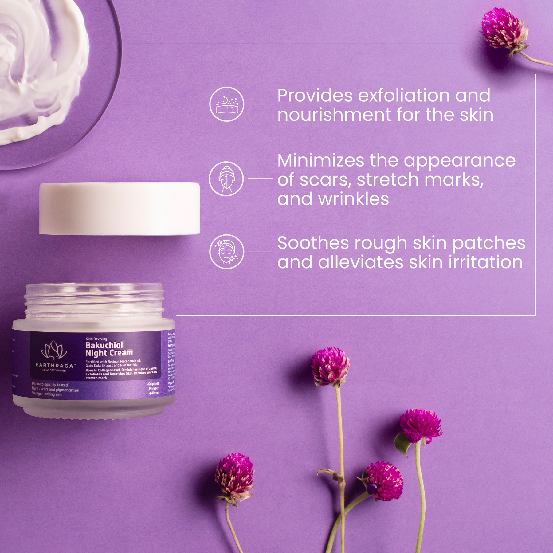 Skin Reviving Bakuchiol Night Cream | Exfoliates & Nourishes Skin | Minimizes Scars & Stretch Marks | Rich In Antioxidants | 100gm