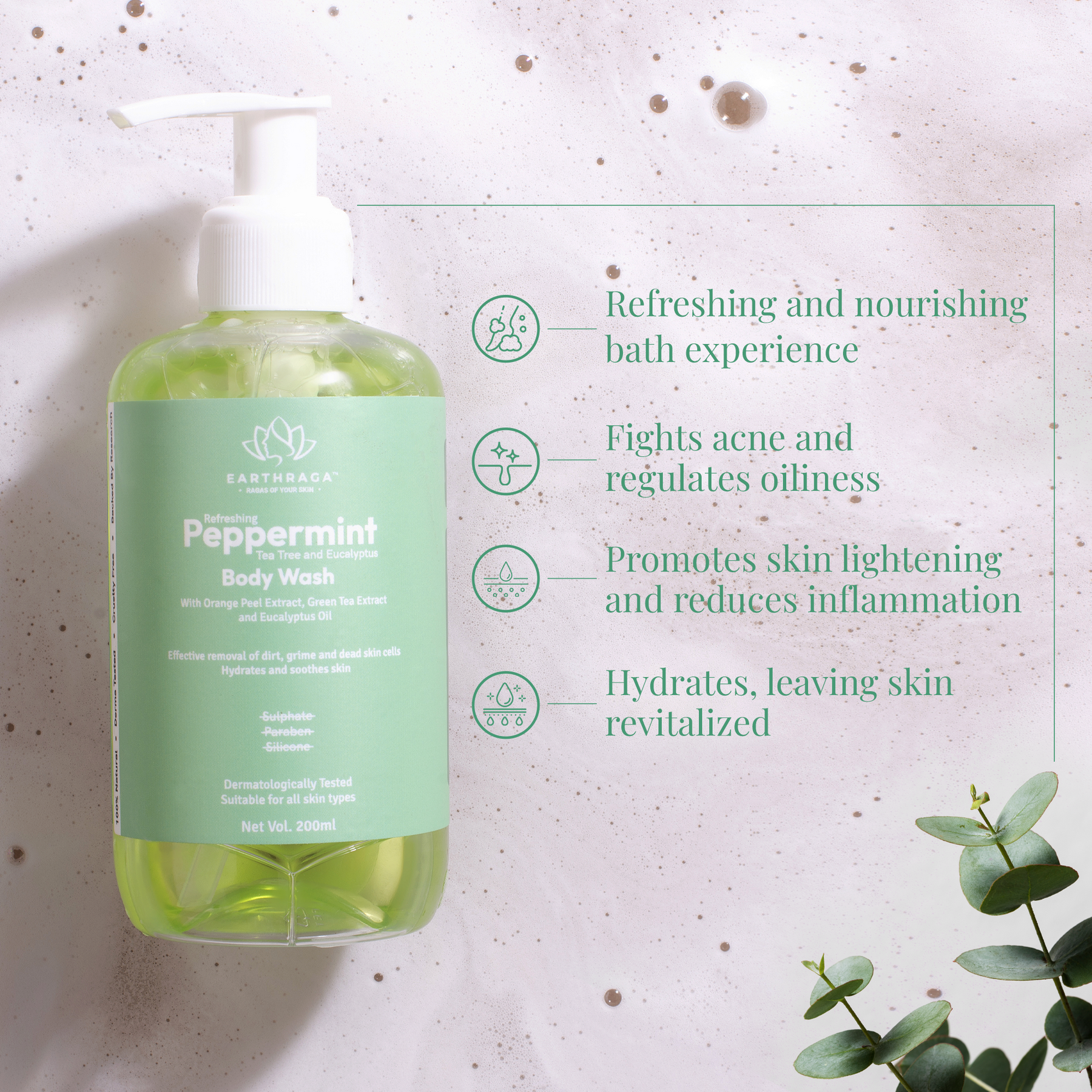 Refreshing Peppermint, Tea Tree and Eucalyptus Body Wash | Cleanses Blocked Pores | Promotes Skin Lightening | Antibacterial & Antiseptic | 200 ml
