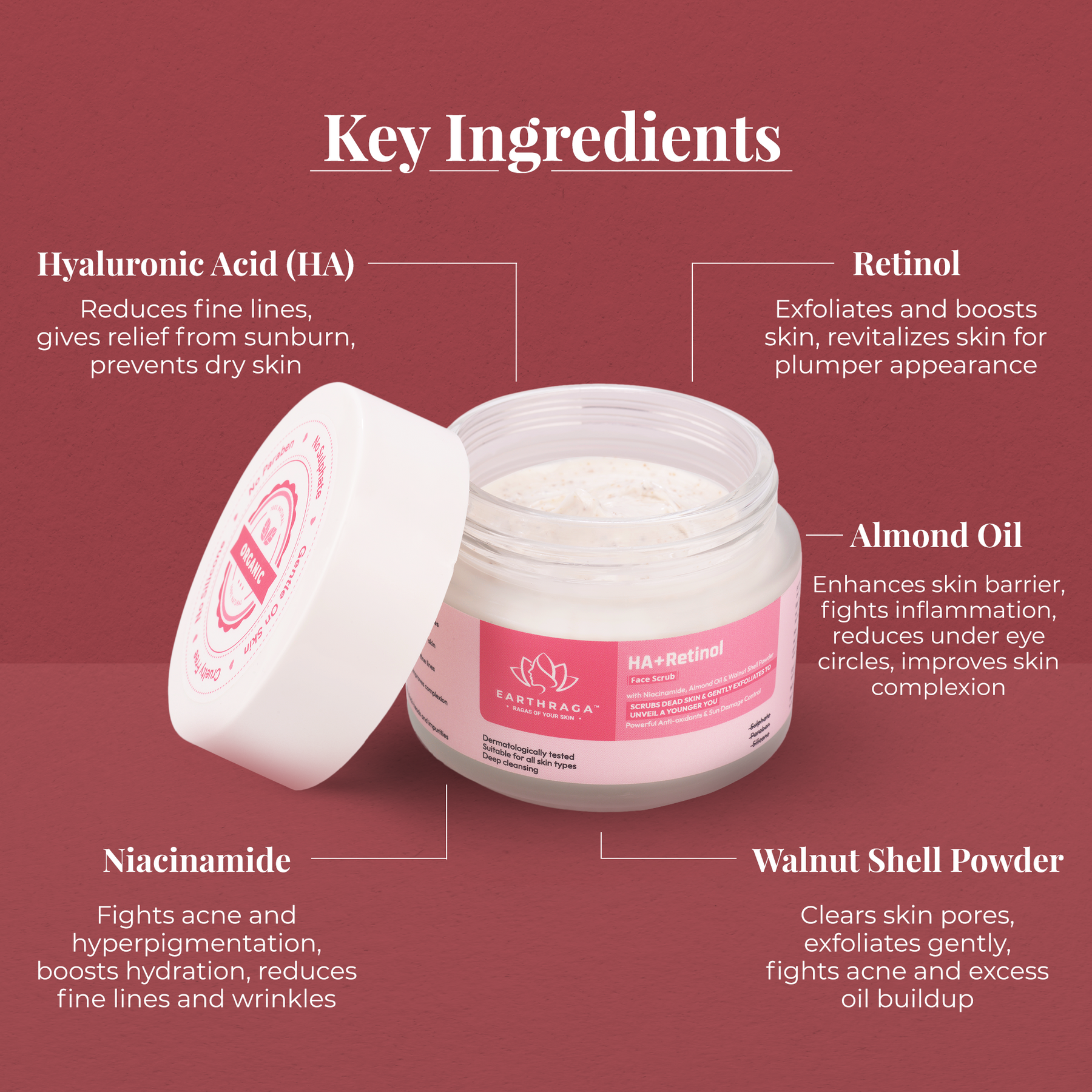 HA + Retinol Face Scrub | Clears Clogged Pores | Fades Wrinkles | Brightens Skin | Removes Tan | 100ml
