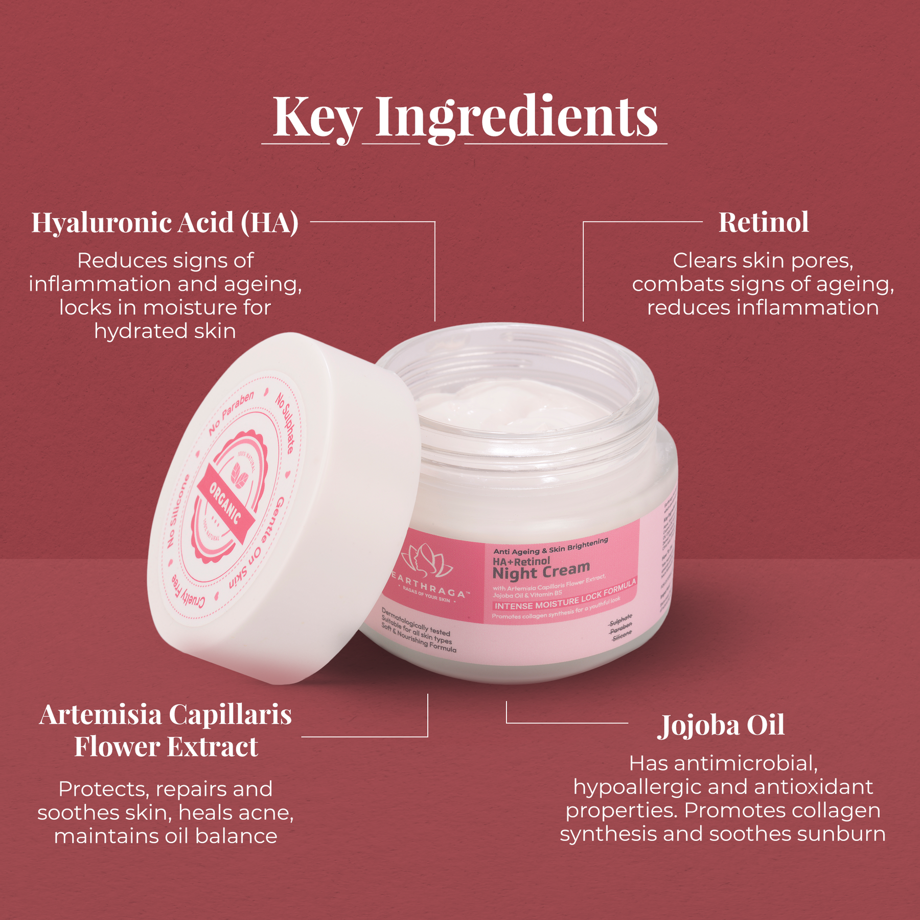 Anti Ageing & Skin Brightening HA+Retinol Night Cream | Locks Moisture In Skin | Reduces Pores | Evens Skin-Tone | 100ml