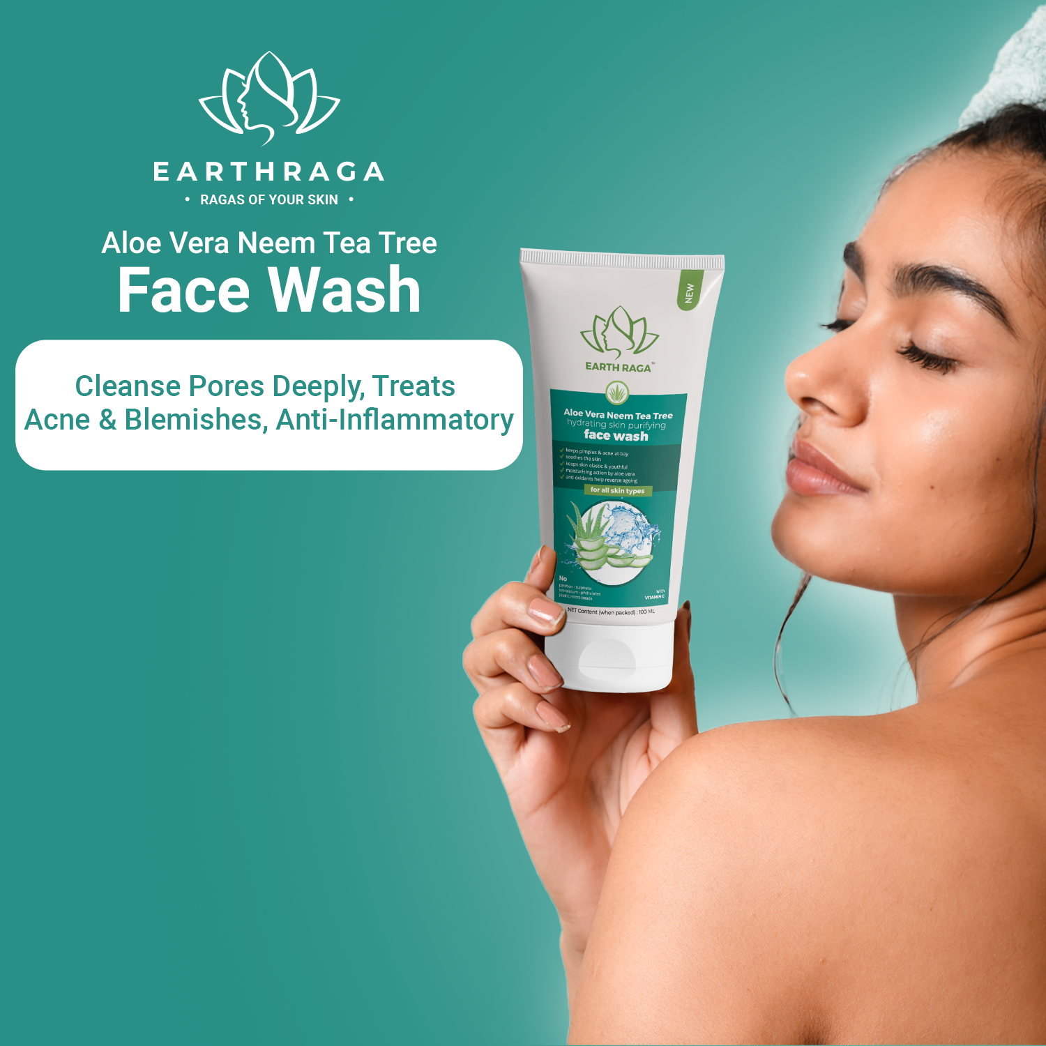 Aloe Vera Neem Tea Tree Face Wash | Cleanse Pores Deeply | Treats Acne & Blemishes | Anti-Inflammatory | 100ml