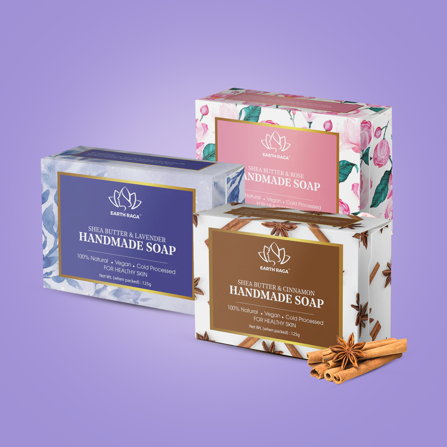 Pack of 3 Cold Pressed Soaps | Shea Butter & Lavender Soap | Shea Butter and Rose Soap | Shea Butter & Cinnamon Soap | 375 gms (3 X 125 Gms )
