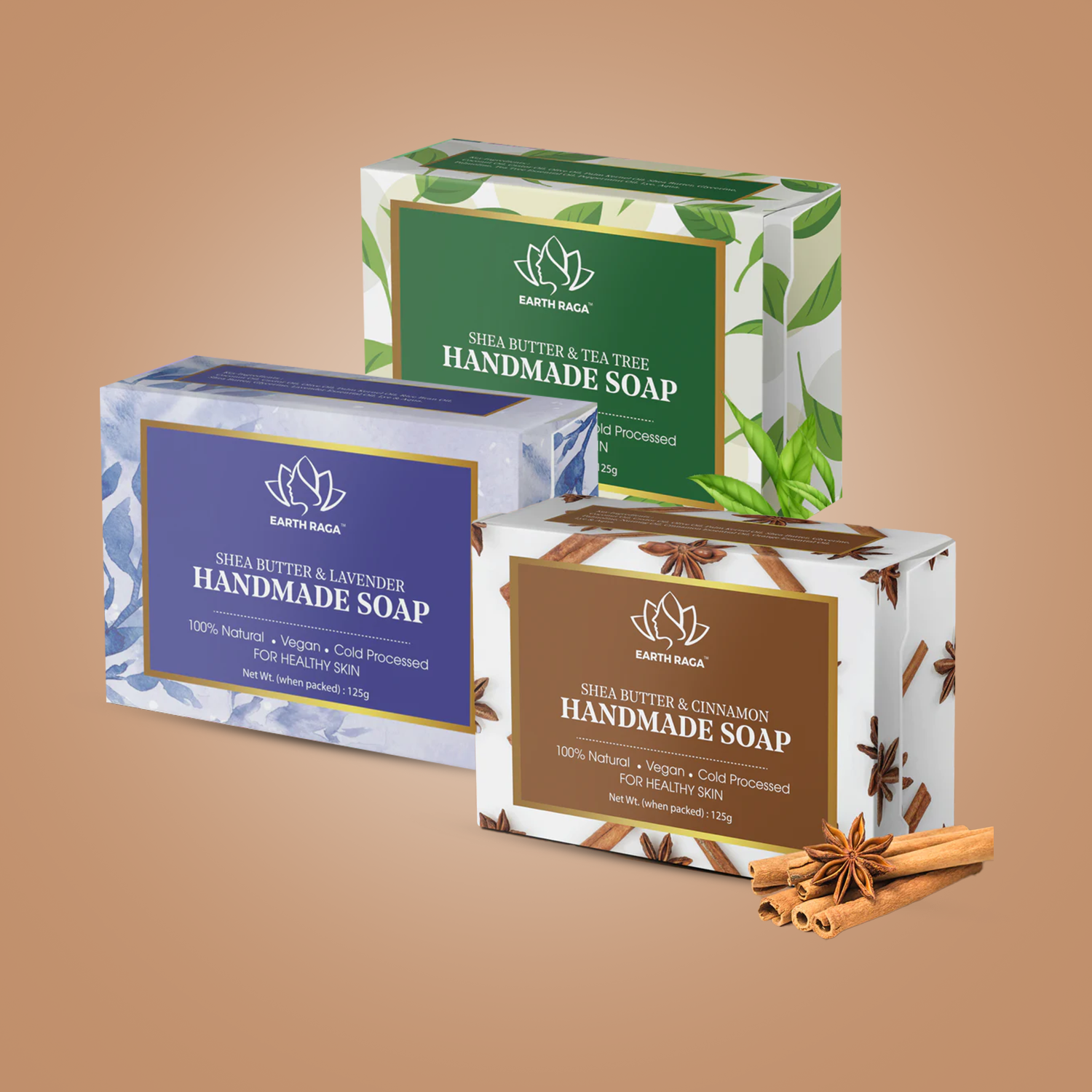 Pack of 3 Cold Pressed Soaps |Shea Butter & Tea Tree Soap | Shea Butter & Lavender Soap | Shea Butter & Cinnamon Soap | 375 gms (3 X 125 Gms )