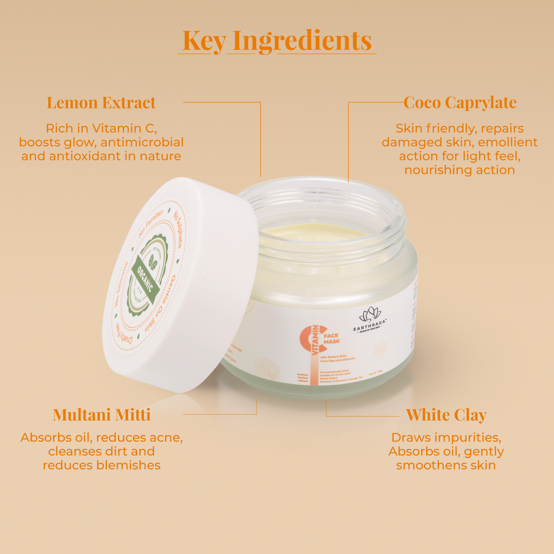 Vitamin C Face Mask | Imparts Radiant Glow | Antimicrobial & Detoxyfying | Absorbs Excess Oil | Minimizes Pores | 100gm