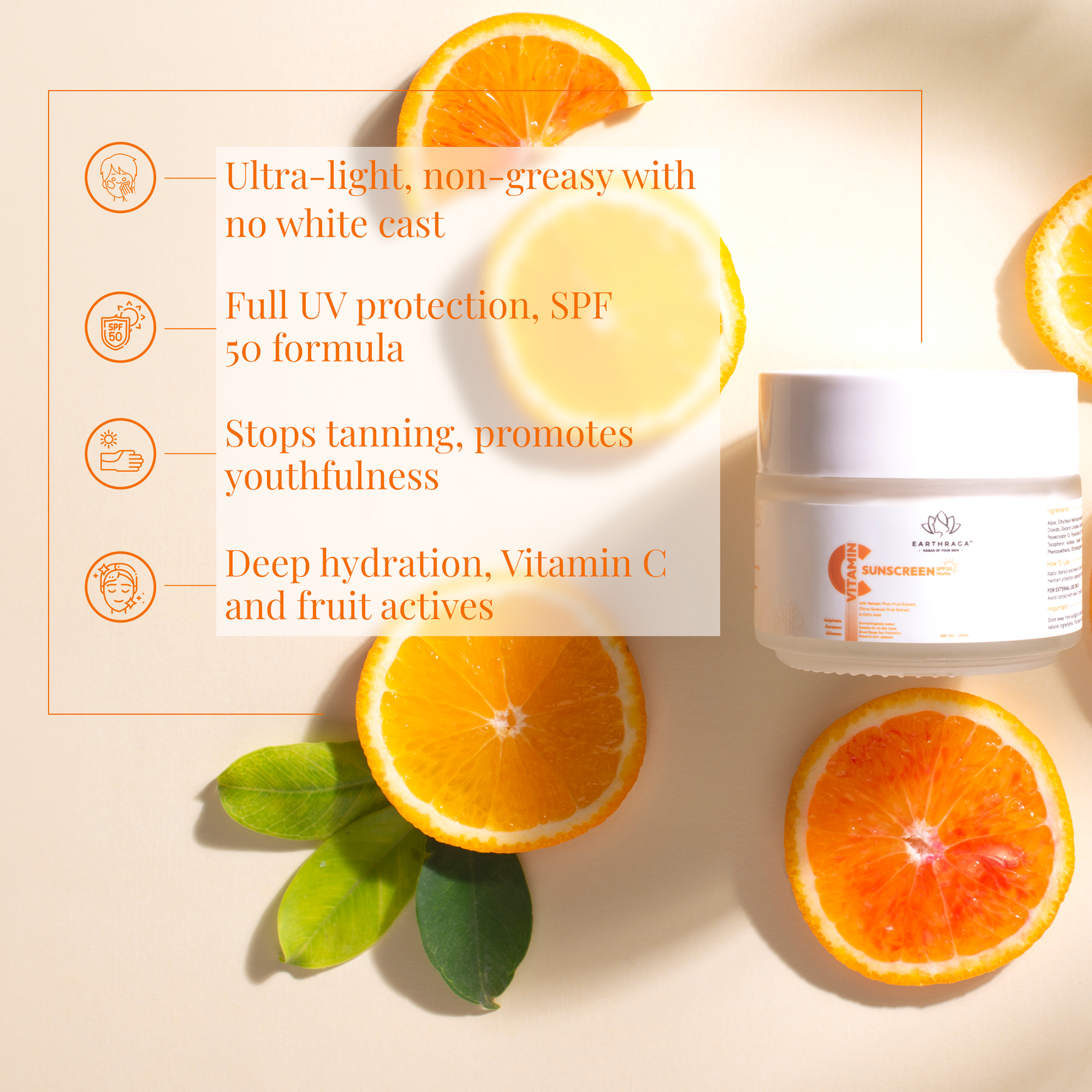 Vitamin C Sunscreen SPF 50 Matte | Protects Skin From Sun Rays | Anti-inflammatory | Reduces Dark Spots & Fine Lines | 100gm