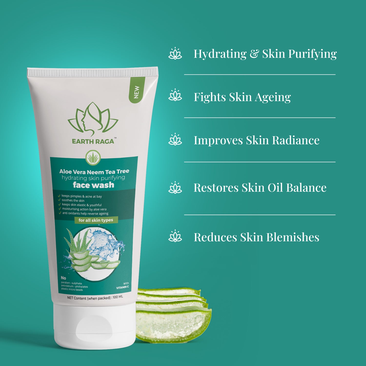 Aloe Vera Neem Tea Tree Face Wash | Cleanse Pores Deeply | Treats Acne & Blemishes | Anti-Inflammatory | 100ml