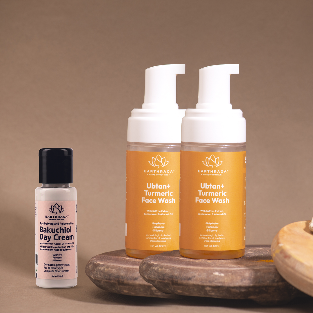 Earthraga Ubtan + Turmeric Foaming Face Wash | 100ml X 2 + Bakuchiol Day Cream | 30 gm