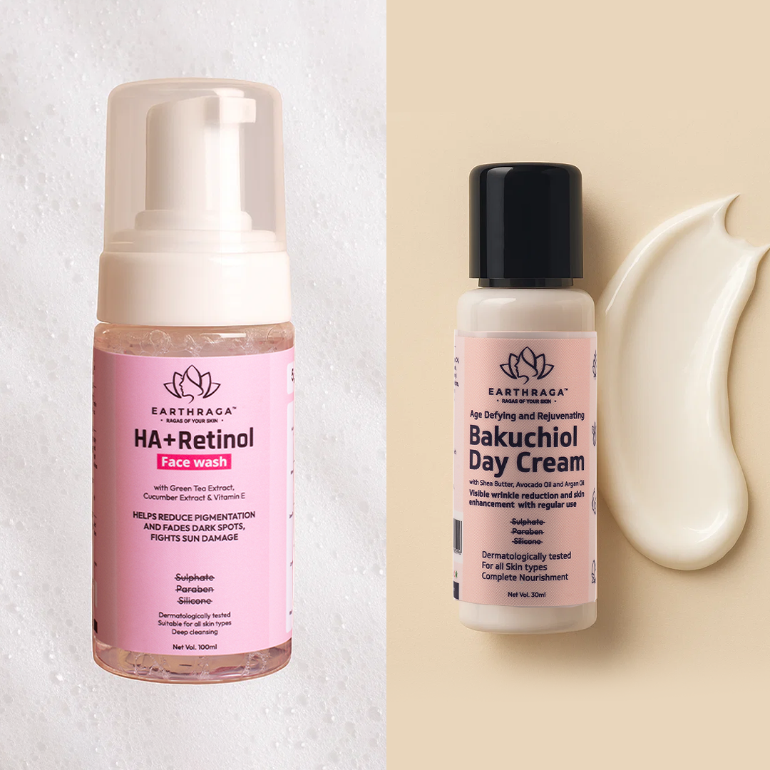 Earthraga HA + Retinol Foaming Face Wash  | 100ml X 2 + Bakuchiol Day Cream | 30 gm