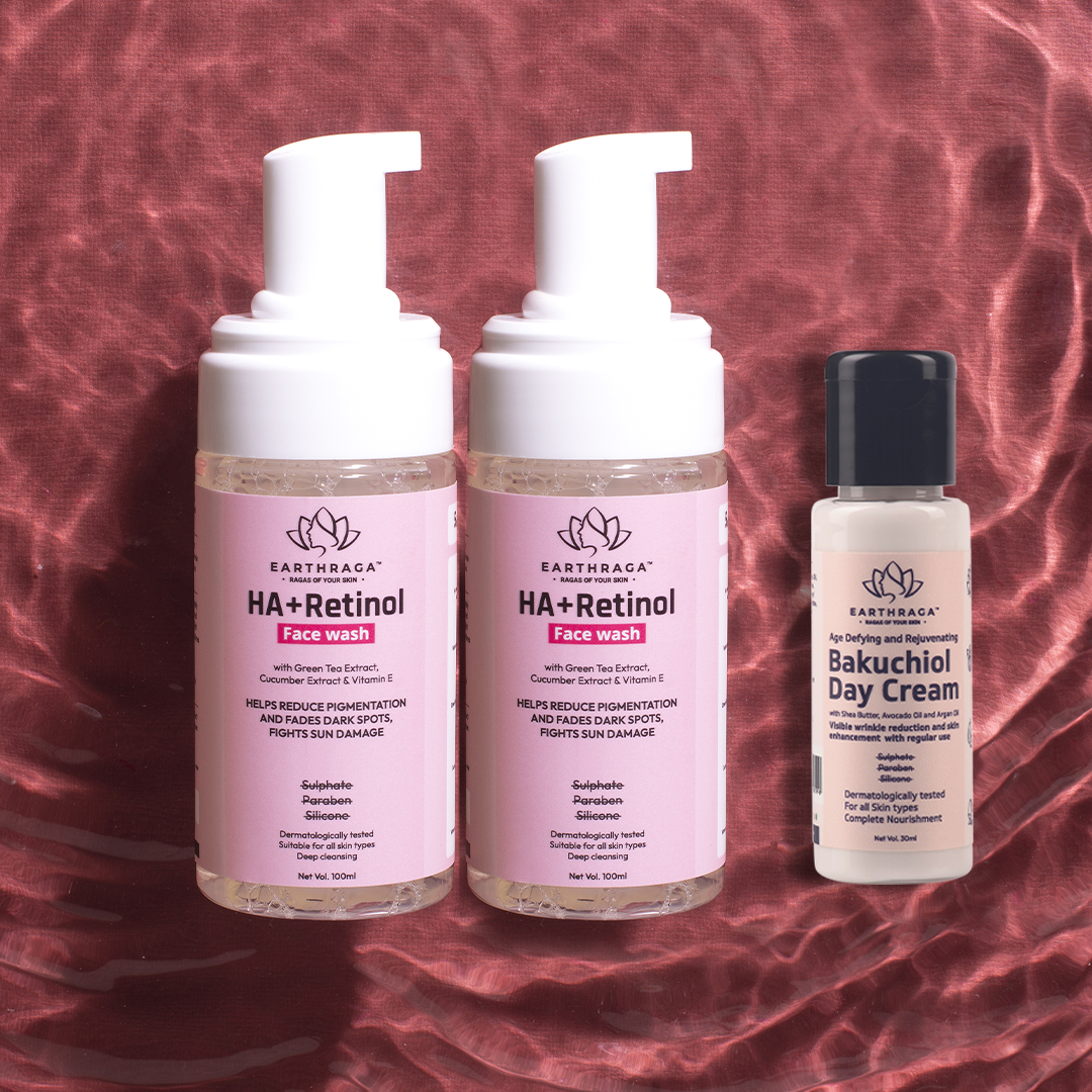 Earthraga HA + Retinol Foaming Face Wash  | 100ml X 2 + Bakuchiol Day Cream | 30 gm