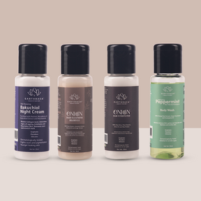 Travel Kit - Bakuchiol Night Cream l Onion Hair Cleansing Shampoo and Conditioner l Refreshing Peppermint Body Wash l 30 ml l  + Free Mix Fruit Face Wash 30ml