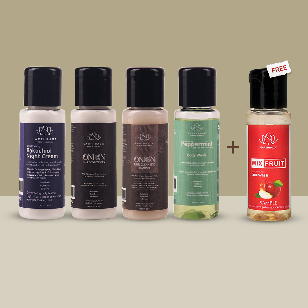 Travel Kit - Bakuchiol Night Cream l Onion Hair Cleansing Shampoo and Conditioner l Refreshing Peppermint Body Wash l 30 ml l  + Free Mix Fruit Face Wash 30ml