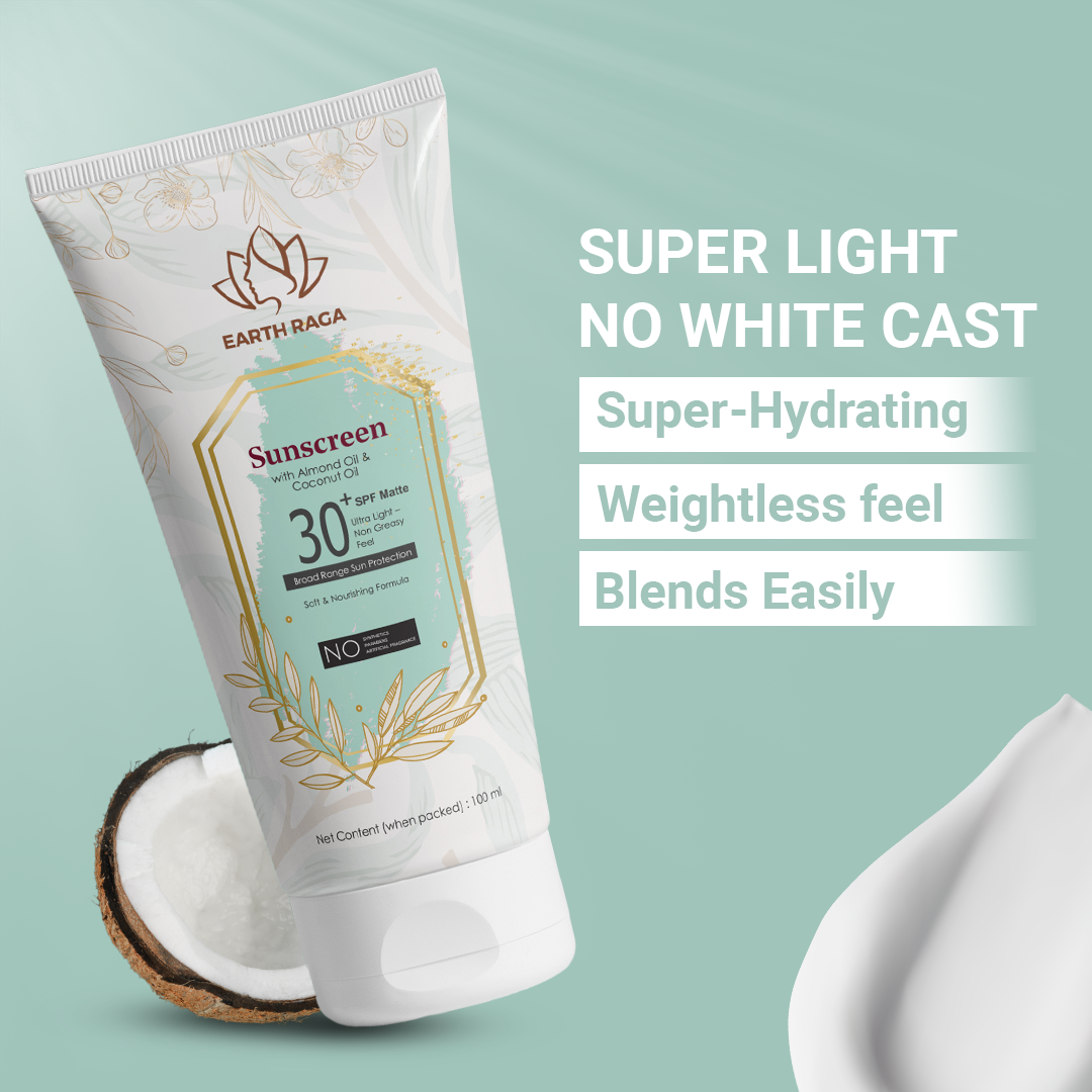 Earthraga Almond & Coconut Oil Sunscreen | 30+ SPF Matte | 100gms