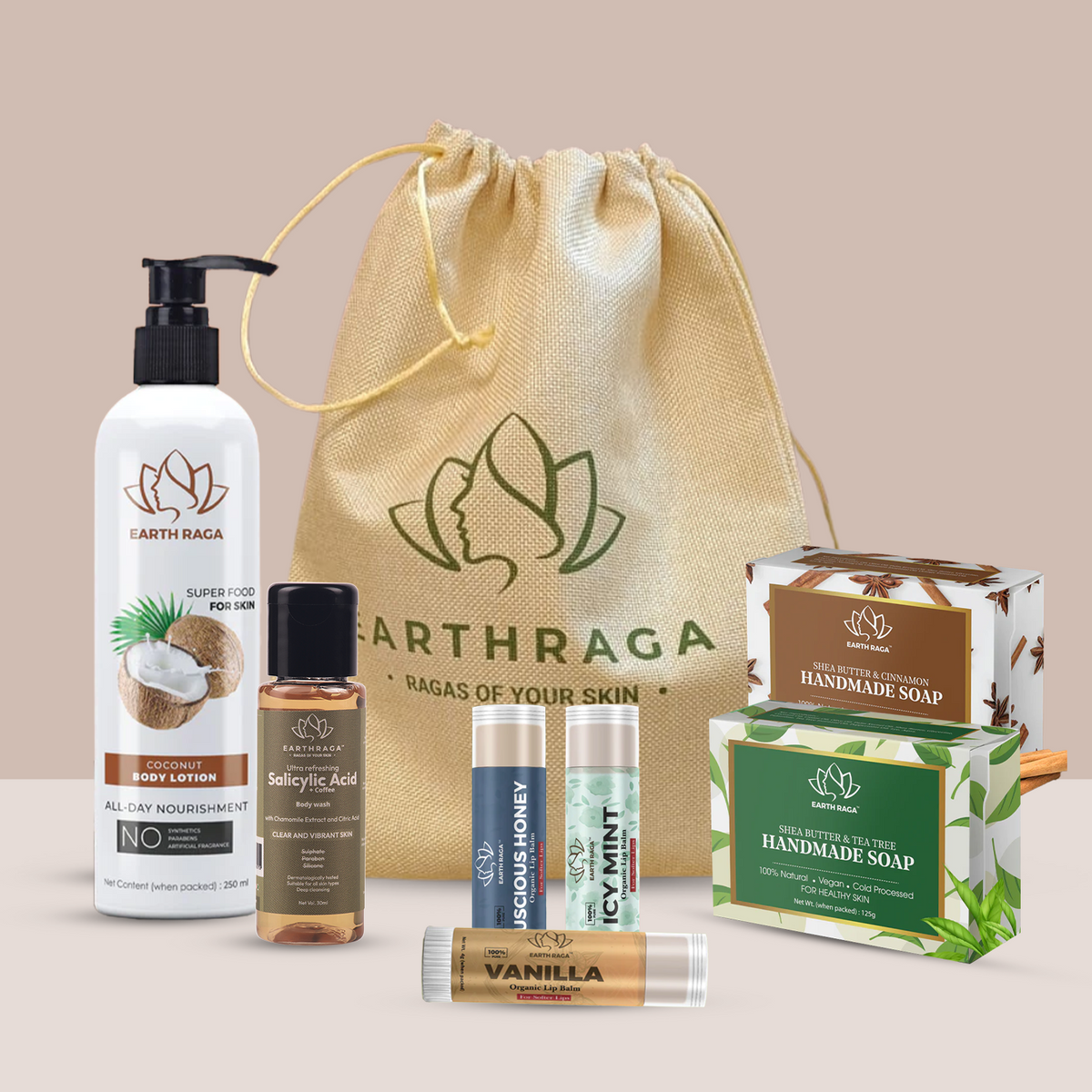 EARTHRAGA Gift Set For Men and Women | Salicylic acid + Coffee body wash (30ml) |  Coconut Body Lotion (250gm) |  Vanilla, Luscious Honey & Icy Mint Lip Balm(4gm X 3) |  Handmade Soap (125gm X 2) (Pack of 7 Items)