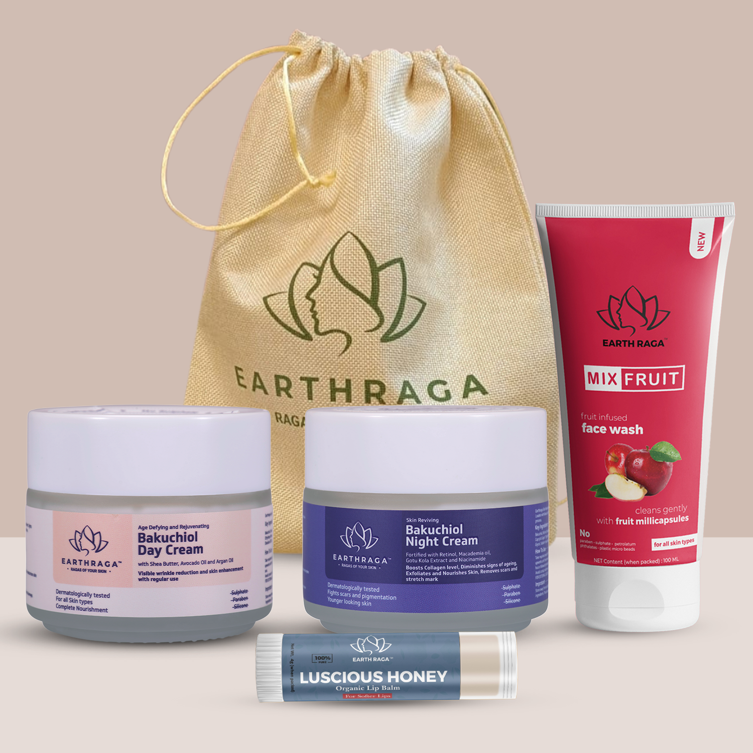 EARTHRAGA Gift Set For Men and Women | Bakuchiol Day Cream  (100 gms) | Bakuchiol Night Cream (100 gms) |  Mix Fruits Face Wash (100gm) |  Luscious Honey Lip Balm(4gm ) |  (Pack of 4 Items)