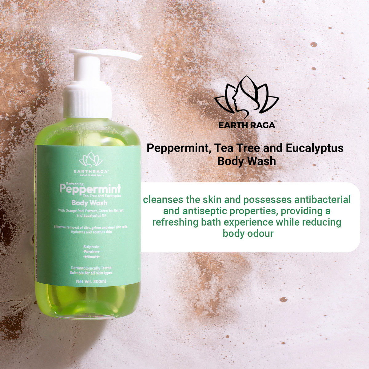 Earthraga Refreshing Peppermint, Tea Tree and Eucalyptus Body Wash | Antibacterial & Antiseptic | 200 ml