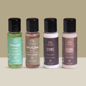 Refreshing Peppermint Body Wash l Ultra Refreshing Salicylic Acid + Coffee Body Wash l Onion Hair Cleansing Shampoo and conditioner l 30ml - pack of 4 Minis