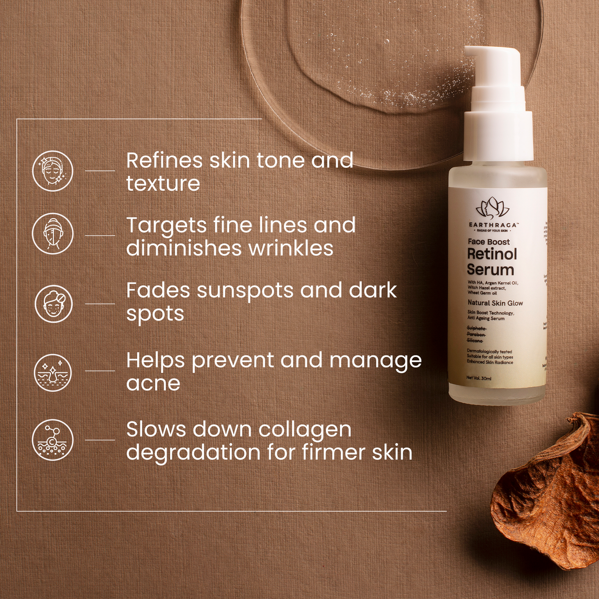 Retinol Serum | Moistens Skin | Reduces Wrinkles & Fine Lines | Treats Acne | Loaded With Antioxidants | 30ml