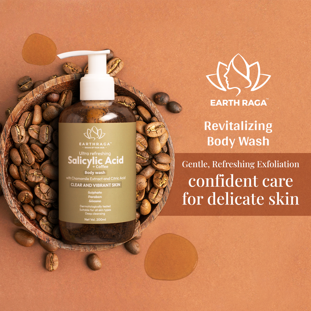Earthraga Ultra Refreshing  Salicylic Acid + Coffee Body Wash for Exfoliating Skin | 200ml
