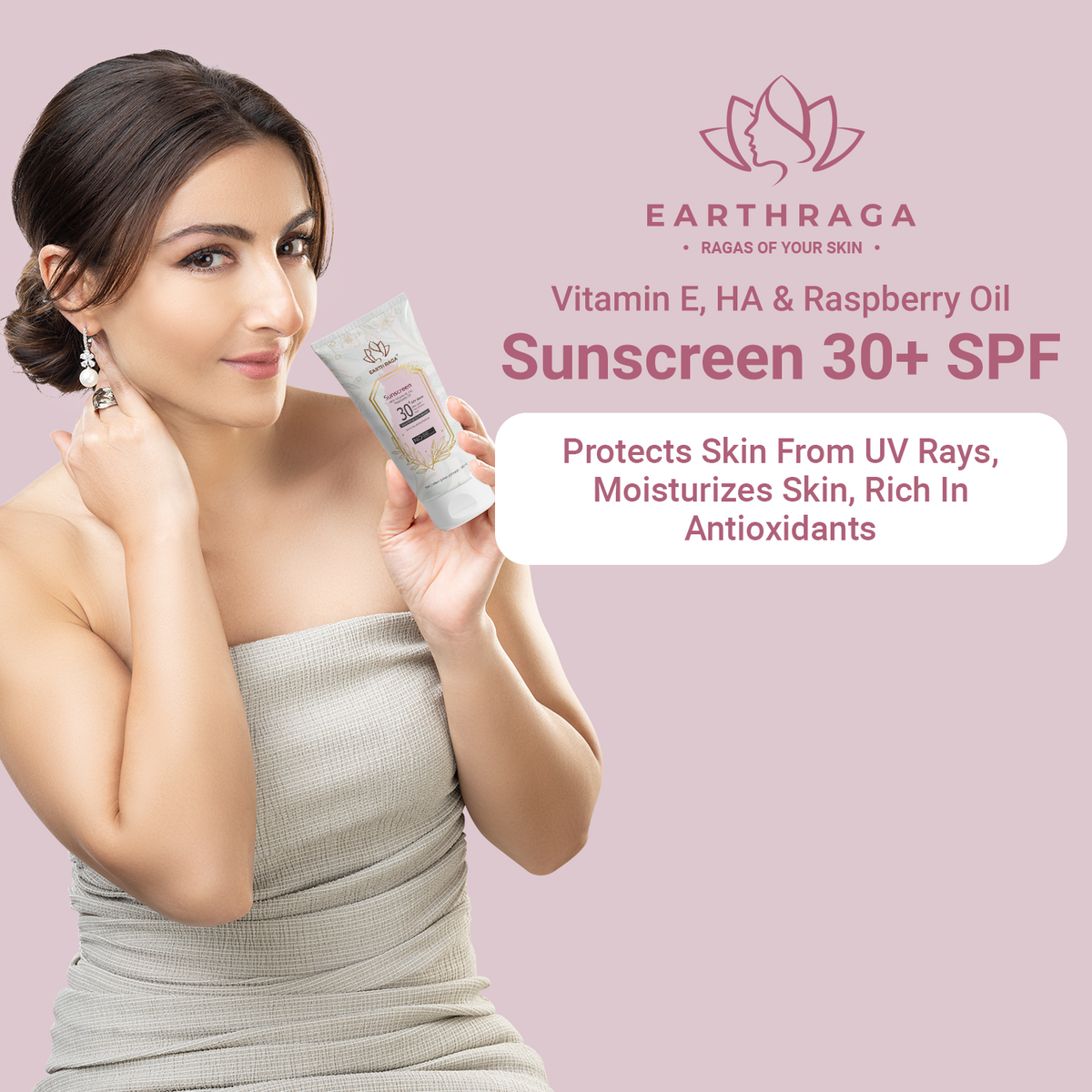 Earthraga Vitamin E, HA -  Raspberry Oil Sunscreen | 30+ SPF Matte |  100gms